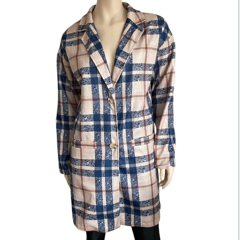 Plaid Pocketed Tan Navy Cardigan Jacket Sz M​​​​​​​